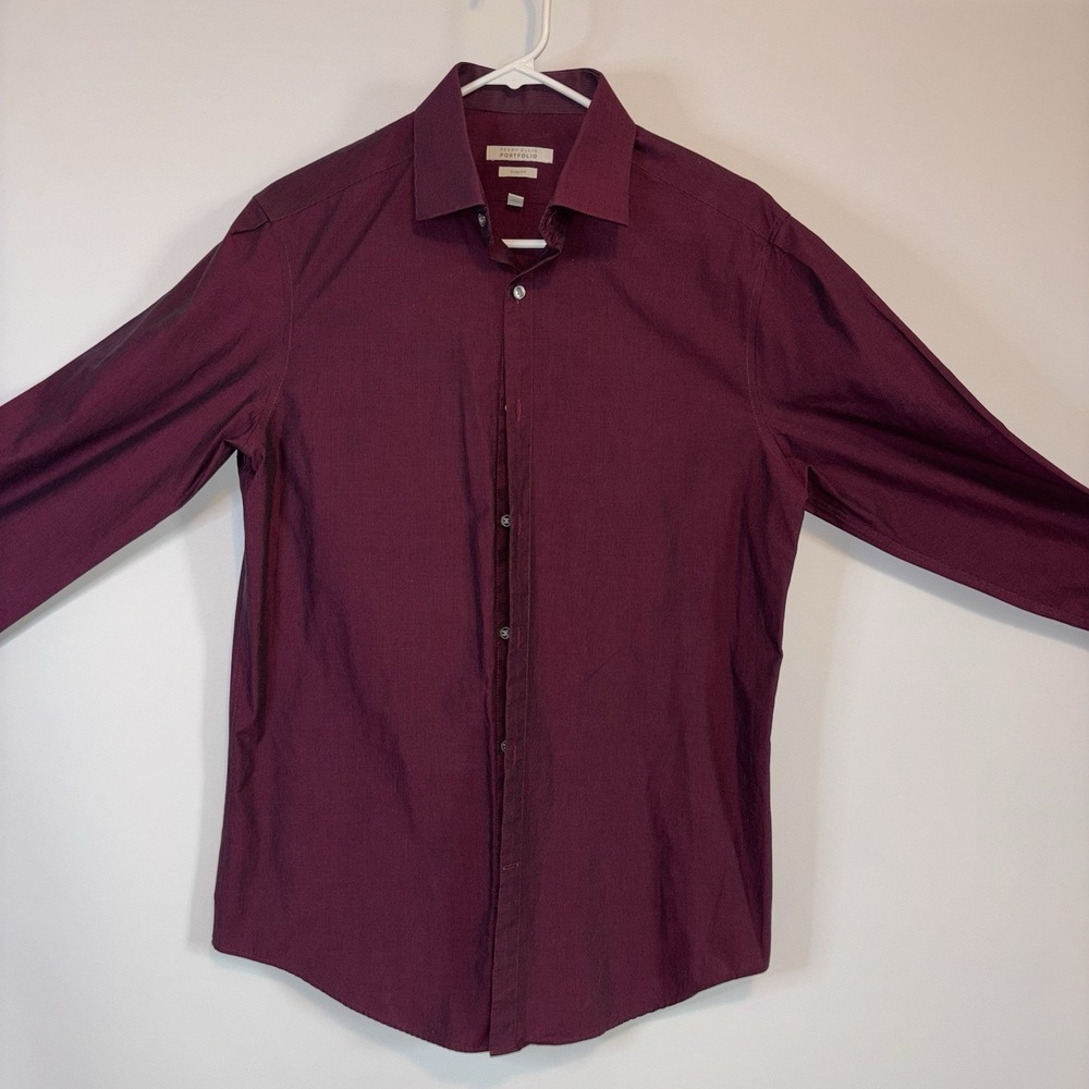 Perry Ellis Portfolio Mens Dress Shirt L 15.5 32/33 Slim Fit Red Burgundy Cotto - Picture 1 of 8